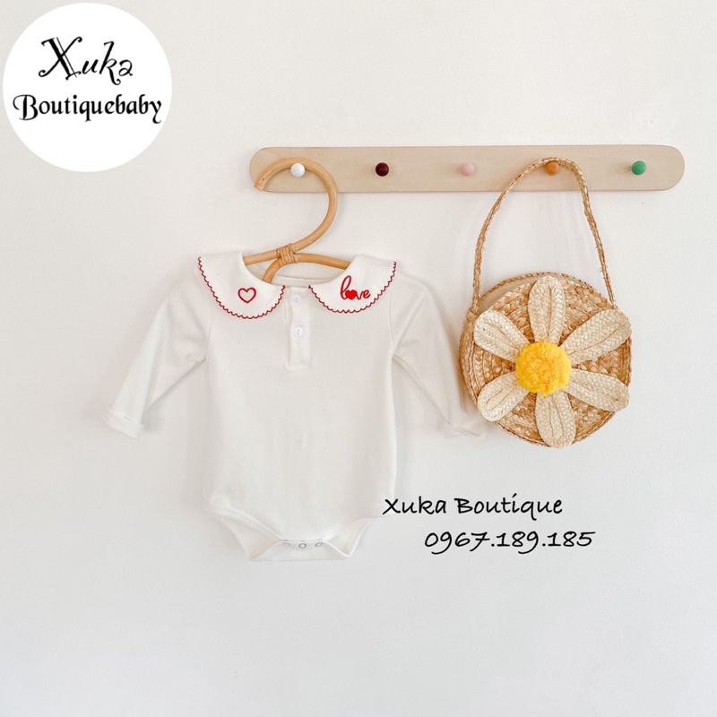 Bodysuit Dài Tay Bé Gái Cotton Cổ Thêu chữ Love đầy tháng - Xuka Boutique - Bộ Body mặc chụp ảnh [ Hình Thật ]