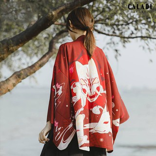 Áo khoác cardigan Kimono Haori đi biển hoạ tiết cáo đỏ