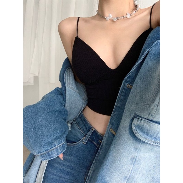 Áo Bra 2 Dây Cotton Tăm Dáng Lửng  Kèm Mút Đệm Ngực  mã 1833