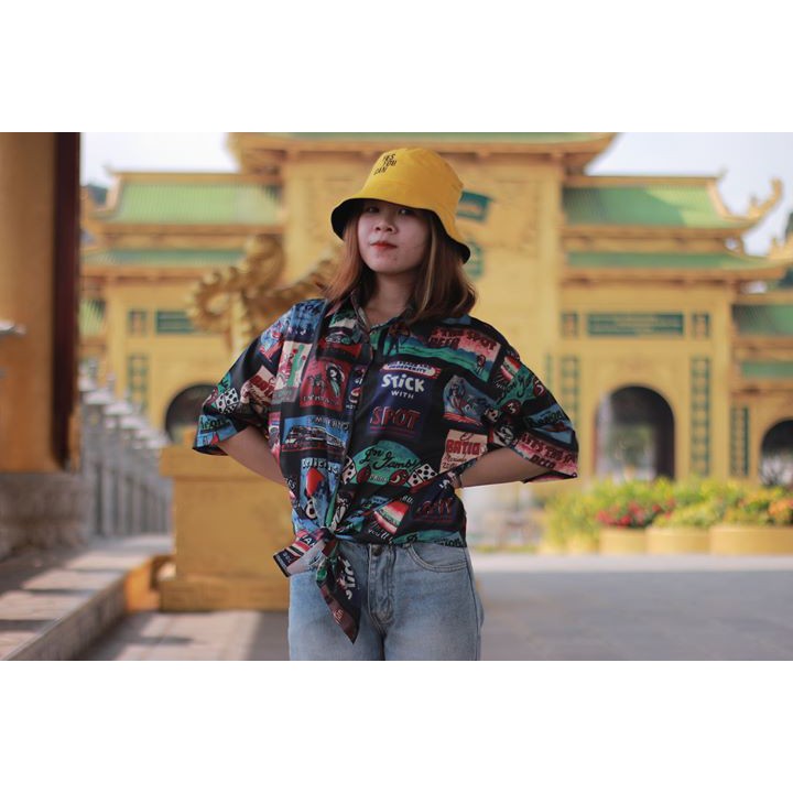 LEEVA - Áo sơ mi họa tiết nữ tay lỡ form rộng cá tính L245