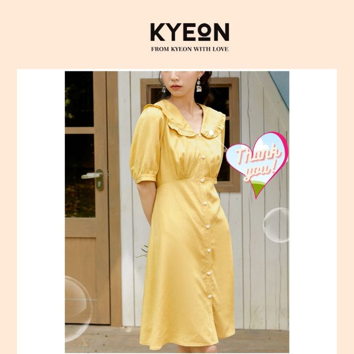 Đầm xòe công sở cổ sen kẹp bèo, tay phồng kiểu hàn quốc KYEON DL268, màu vàng, váy dáng A, cài khuy trước