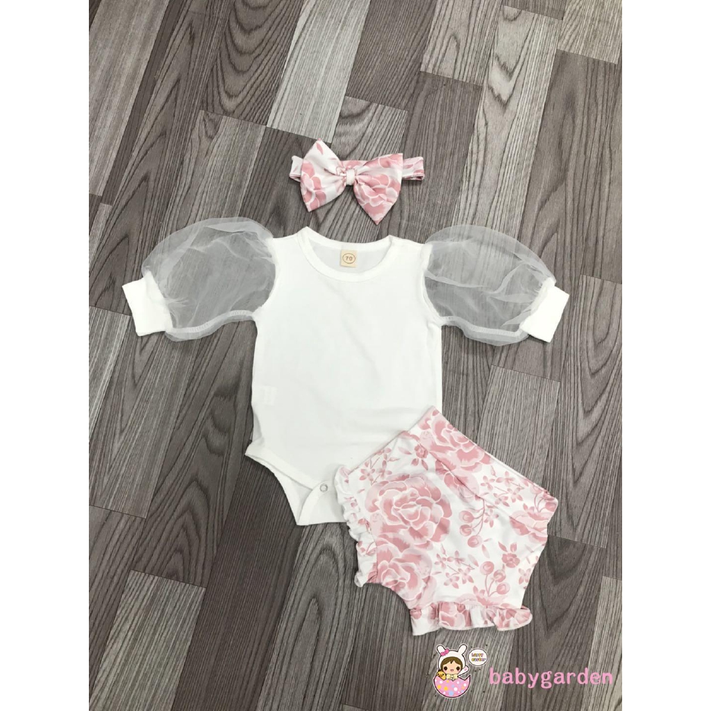 Set romper tay dài+quần đùi+băng đô xinh xắn đáng yêu dành cho bé