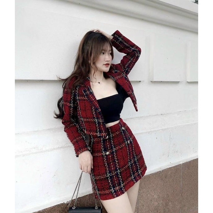 Set 2 món: Crop blazer kẻ + Chân váy chữ A kẻ xanh đỏ phối nút