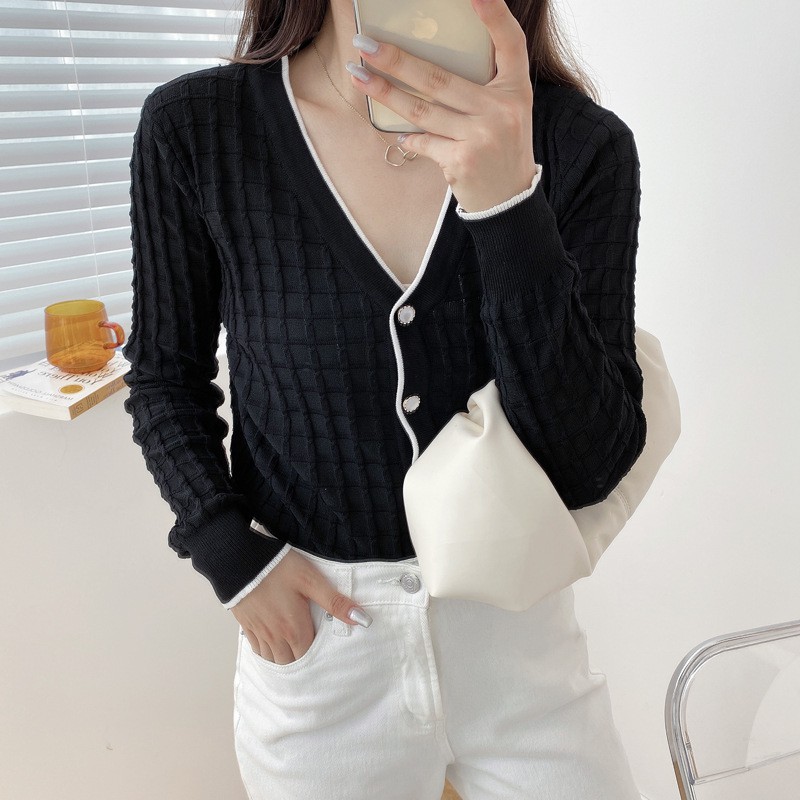 Áo Cadigan Dài Tay Cổ V Dệt Kim Dáng Croptop 2 Màu Đen, Trắng Hàn Quốc | BigBuy360 - bigbuy360.vn