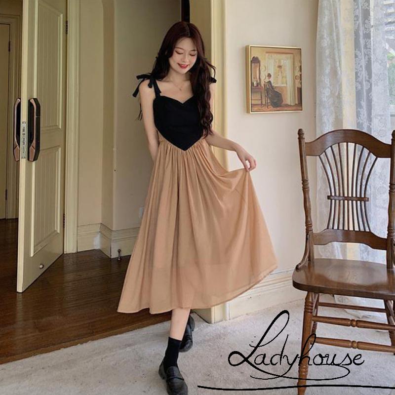 Ldd-đầm Midi Mùa Hè Màu Sắc Tương Phản Có Dây Đeo Vai Cổ Áo Ngọt Ngào Cho Nữ