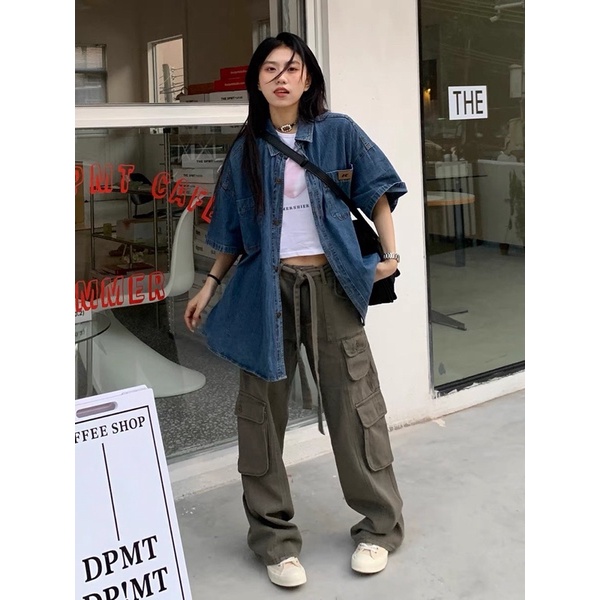 Áo sơ mi denim nữ ngắn tay mặc ngoài