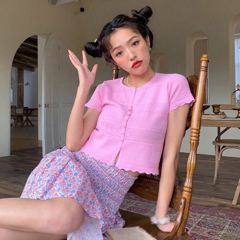 Áo Dệt Kim Tay Ngắn Cổ Chữ V Hở Rốn Thời Trang Cho Nữ