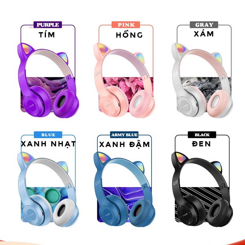 Tai Nghe Mèo Headphone Chụp Tai Bluetooth 5.0 P47M Không Dây Hình Tai Mèo Dễ Thương Giá Rẻ Siêu Cute