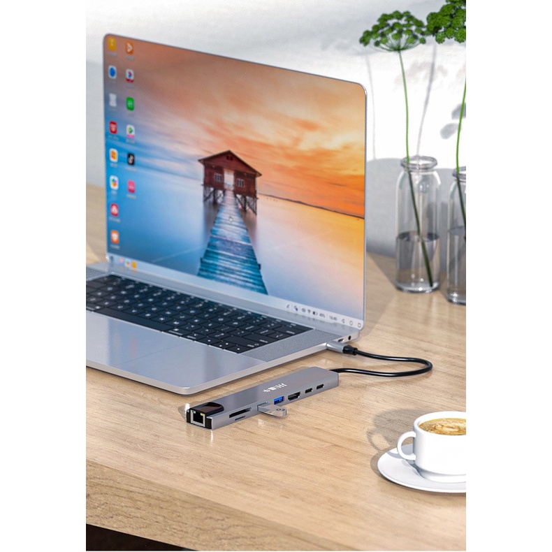 Hub USB Type-c 8in1 ra HDMI, mạng nội bộ LAN, USB, PD cho Macbook 2020, Dell XPS