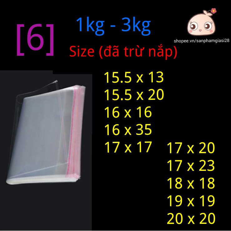 (6) 1kg - 3kg Túi bóng kiếng OPP trong có keo dán SIZE NHỎ (Có 6 bài đăng cho đầy đủ size)