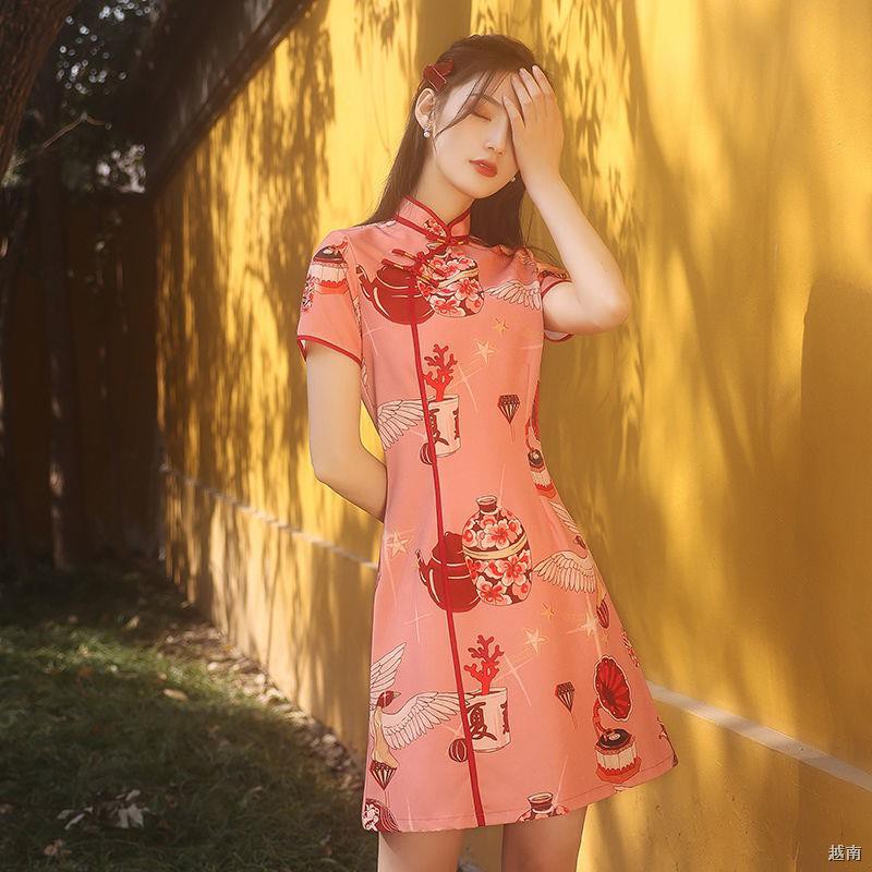 ❃☞▽Sườn xám mùa hè 2021 ống tay ngắn Trung Quốc mới phong cách khí chất cải thiện cô gái trẻ hàng ngày ăn mặc