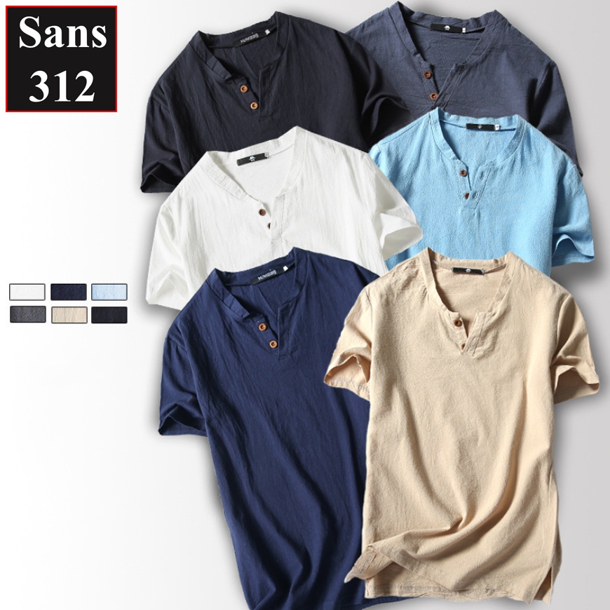 Áo thun nam đũi Sans312 chất cotton linen mát lạnh cộc tay cài nút cổ v trơn đẹp xịn mềm mịn big size 5XL 4XL 3XL