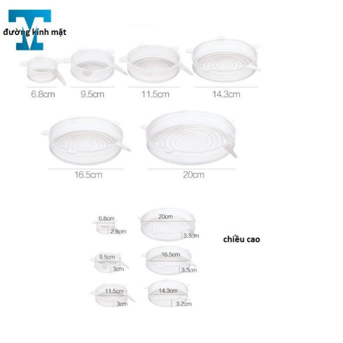 Set 6 Miếng Nắp Đậy Silicon Co Giãn - Bọc Chén, Bát, Thực Phẩm Cần Bảo Quản