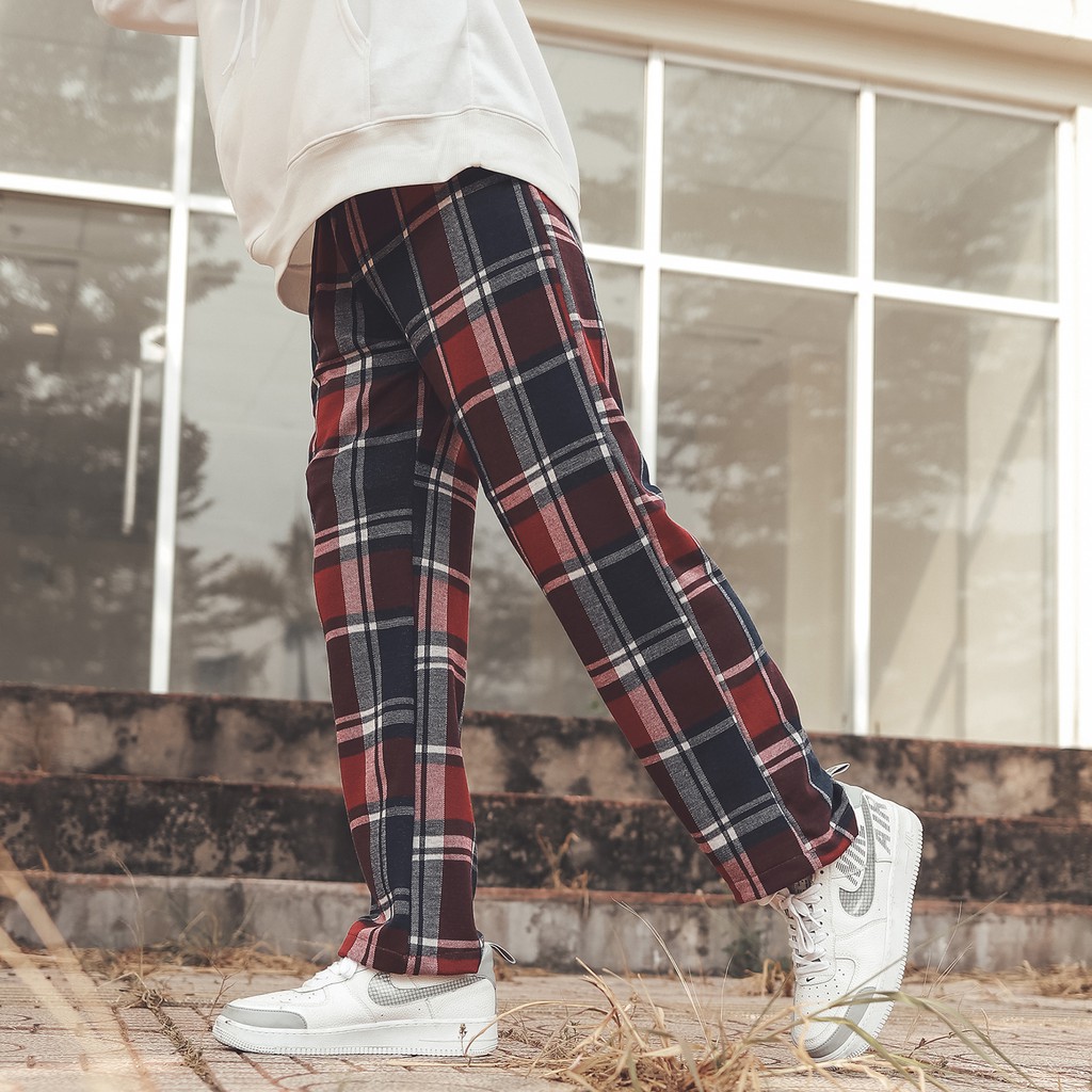 Quần Thun Baggy Ống Suông Rộng Lưng Thun Caro Chất Liệu Cotton Form Unisex Màu Đỏ