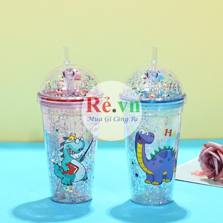 Bình đựng nước hình khủng long 3D kèm ống hút