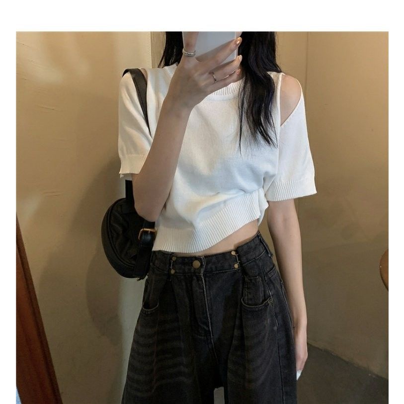 Áo thun dệt kim tay ngắn màu trắng thiết kế mới dành cho nữ 2021 | BigBuy360 - bigbuy360.vn