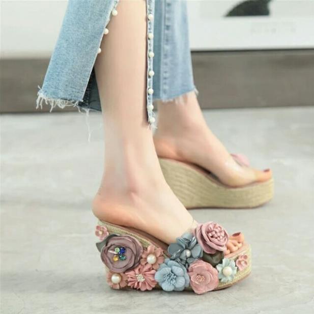 (ORDER) Dép đế xuồng quai trong suốt đính hoa vải 10 cm, hàng cao cấp f