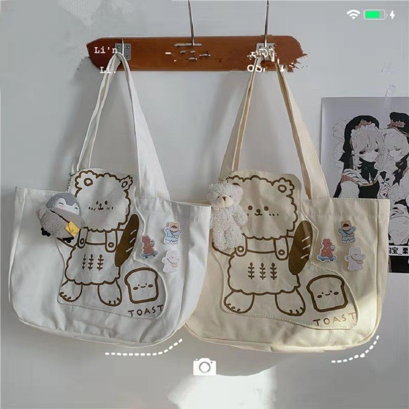 Túi tote gấu bánh mì và sanwich chất liệu canvas đeo vai size to họa tiết in sắc nét mã TP2 | tiemtuitotebypat