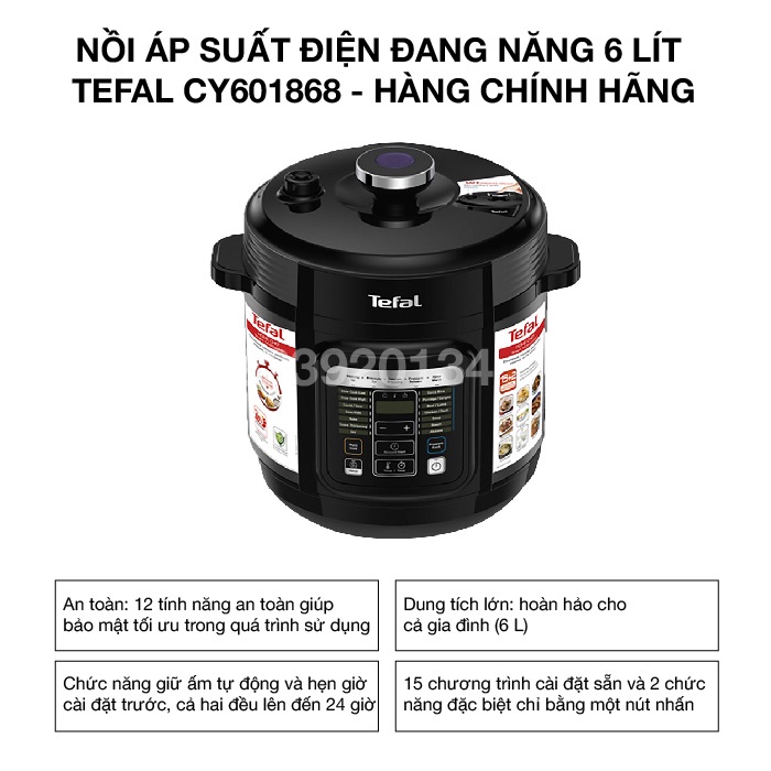 [Mã ELHADEV giảm 4% đơn 300K] Nồi áp suất điện đang năng 6 lít Tefal CY601868 - Hàng chính hãng