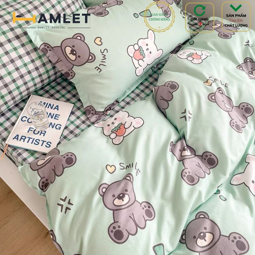 Bộ chăn ga gối Hamlet chất Cotton Poly Họa tiết Teddy Smile Xanh Min