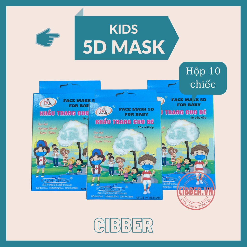 Khẩu Trang Cho Bé 5D Mask Kids  (1 Hộp 10 Chiếc), Kháng Khuẩn, Chống Bụi Mịn