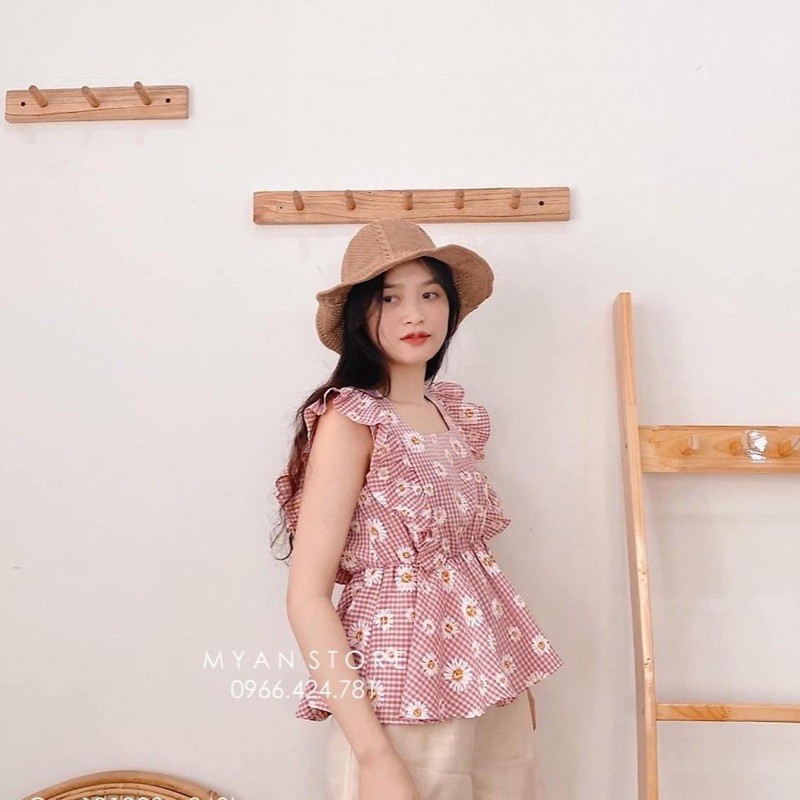 Vải thô hoa cúc kẻ