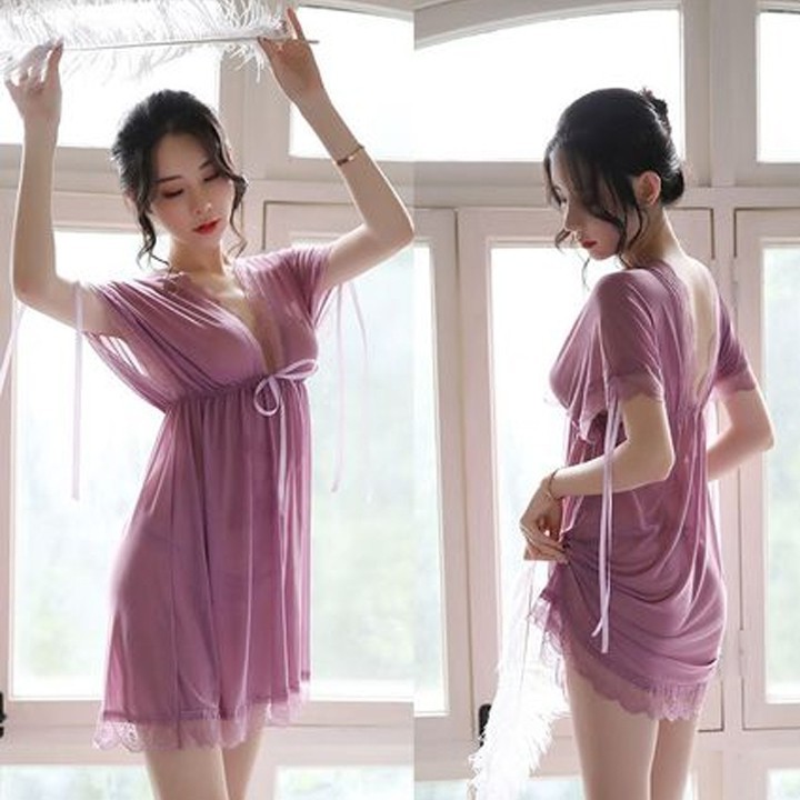Váy ngủ sexy 2 dây mẫu xẻ lưng thắt eo tặng kèm quần chip lọt khe Đầm ngủ gợi cảm MS5177
