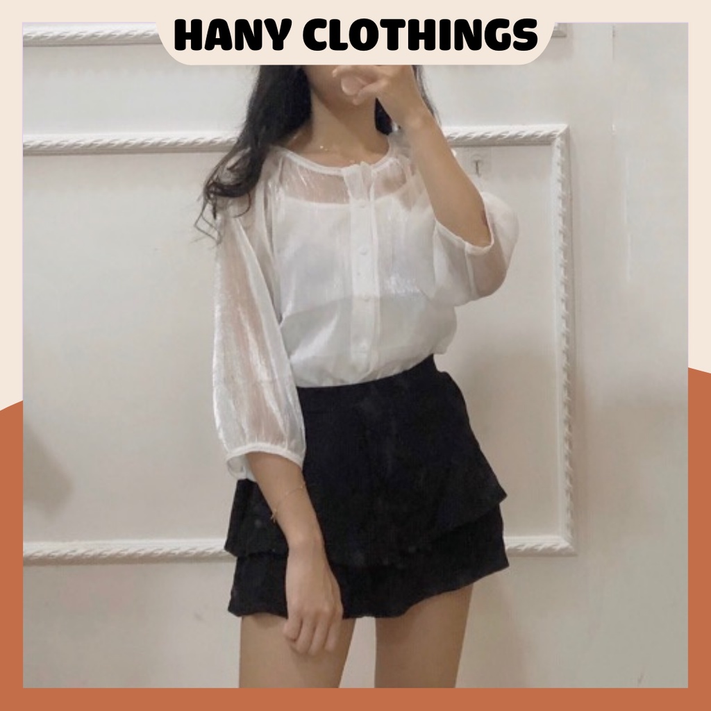 Áo sơ mi nữ kiểu tay lỡ chất voan mỏng HANY CLOTHINGS F014 màu TRẮNG/TÍM