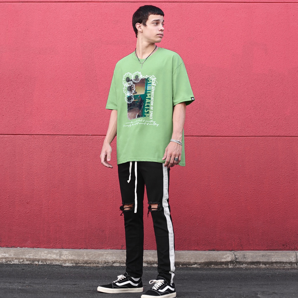 Áo Thun Minimalism Màu Xanh Lá In Hình Chất Liệu 100% Cotton Thoáng Mát Form Rộng Thoải Mái