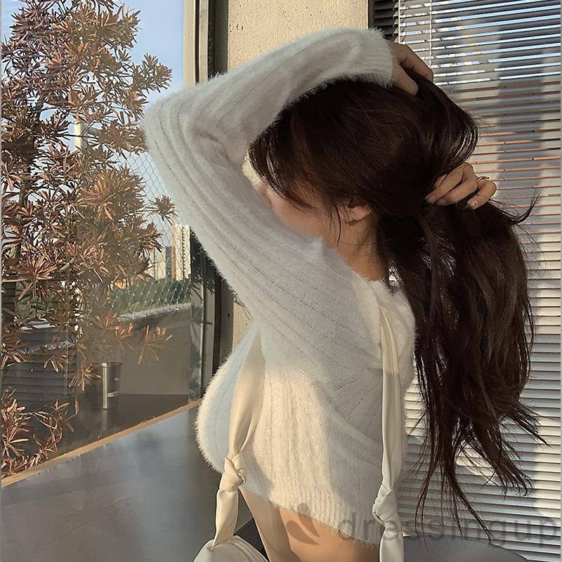 Áo croptop dệt kim cổ tròn tay dài màu trơn thời trang mùa xuân cho nữ