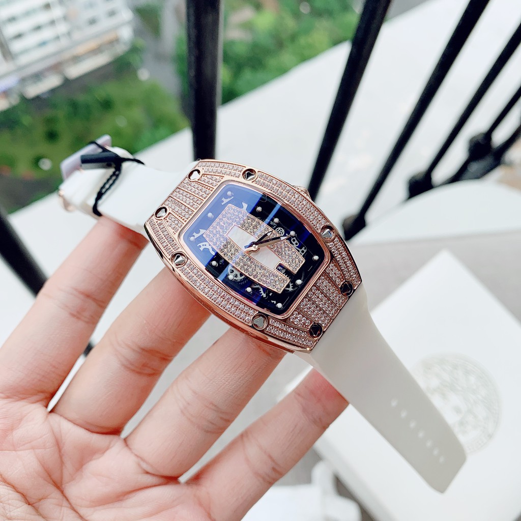 Đồng Hồ Huboler Hanboro Nữ Dây Silicon Trắng Mặt Đính Đá Rose Gold 31x42mm Authentic