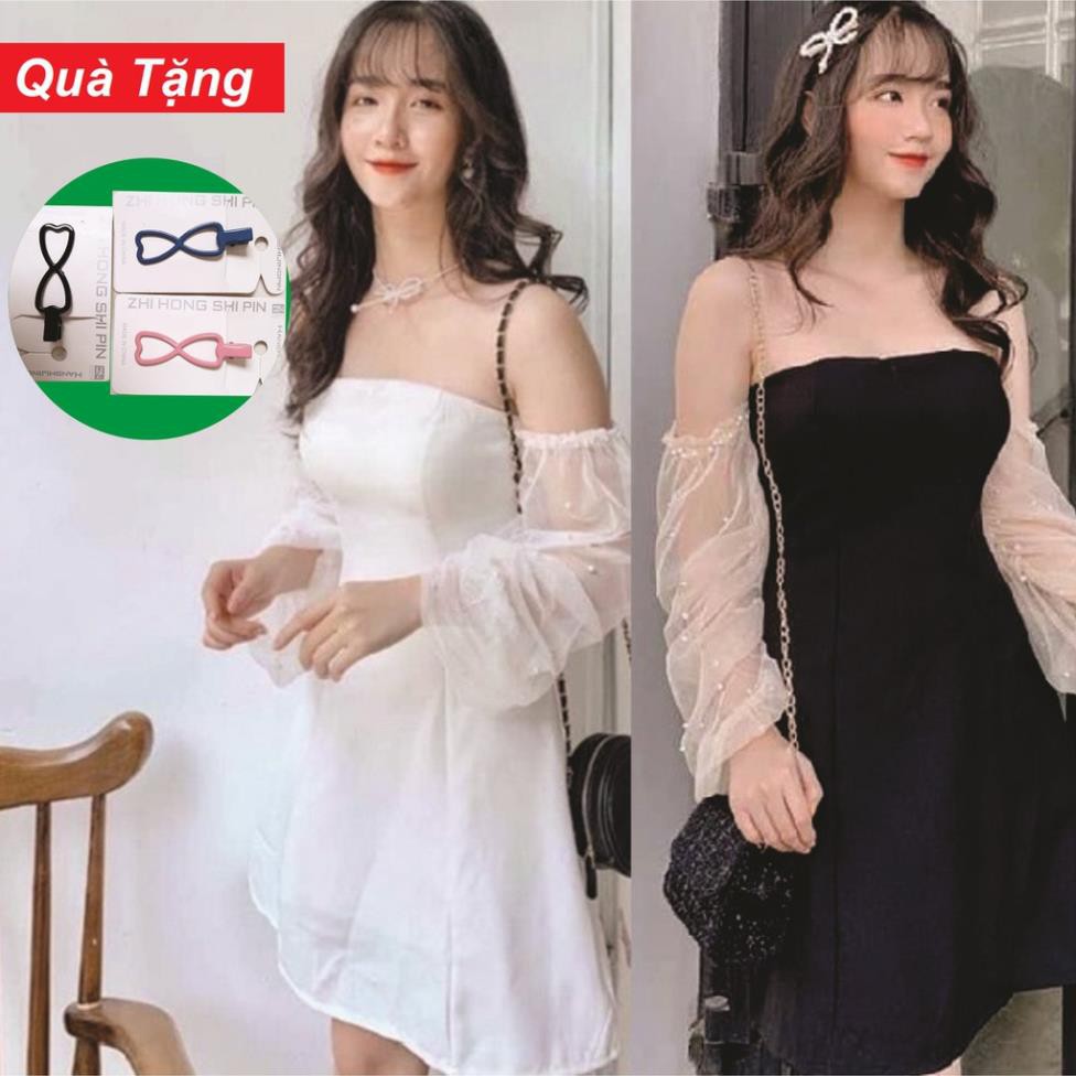 Đầm dự tiệc công chúa giá rẻ sập sàn, màu Trắng tinh khôi và màu Đen phối ren kết cườm 2 ống tay áo. Đầm công sở !