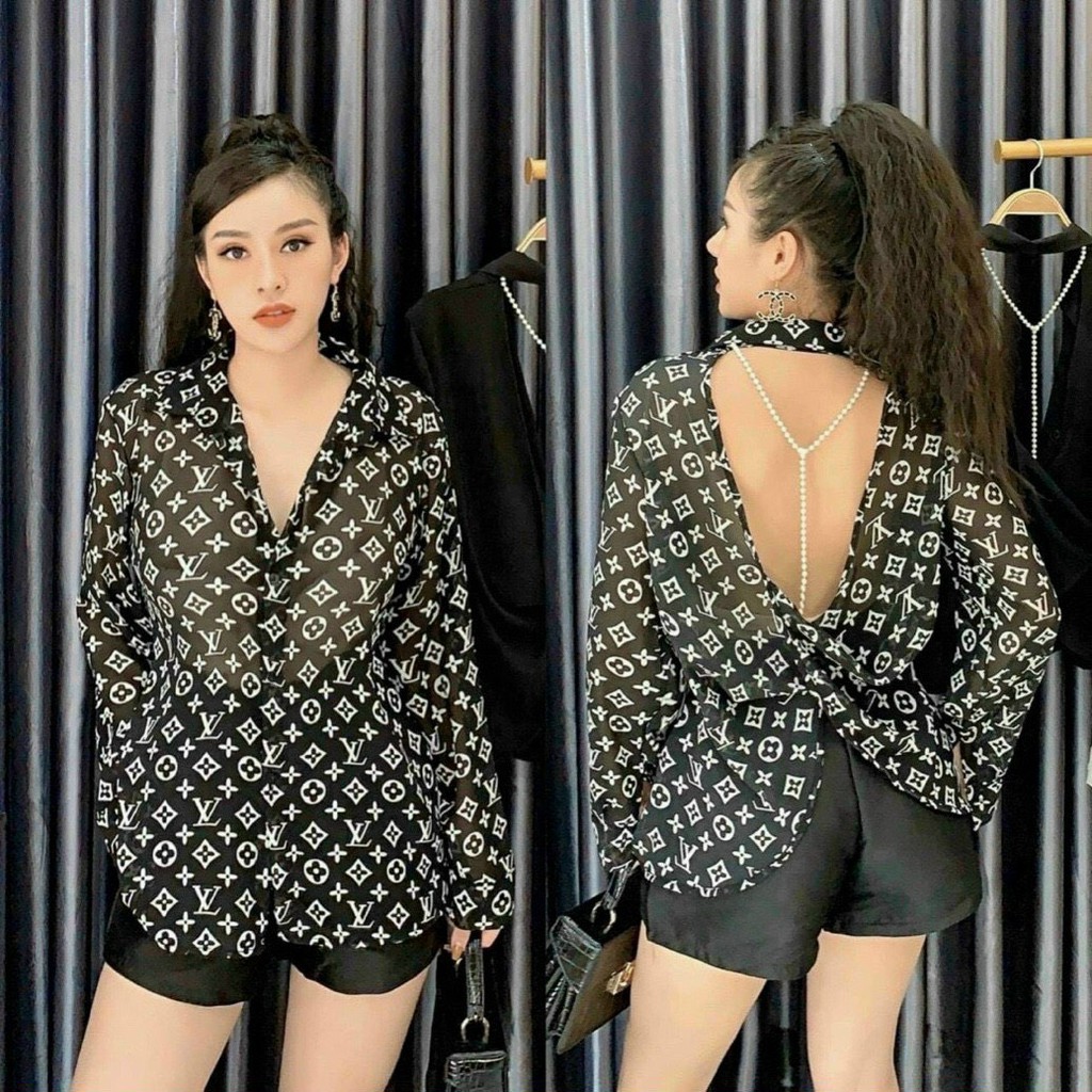 Áo sơ mi form rộng hở lưng xoắn phối hạt ngọc cực xinh , chất voan mềm mịn