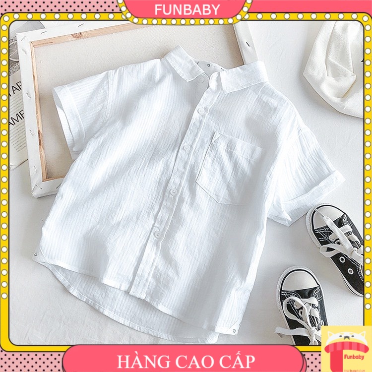 Sơ mi cho bé trai 2-8 tuổi cộc tay cổ đức màu trắng Tommy, Áo hè trẻ em vải đũi nhẹ mát