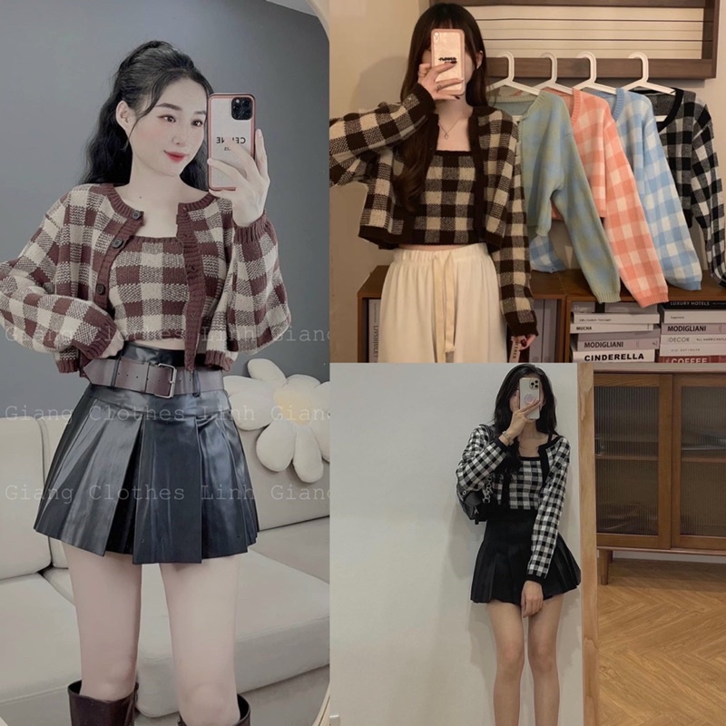 [Ảnh thật/Video]Set mongtogi kẻ caro đồ gồm áo cadigan len và áo hai dây croptop tôn dáng Set cadigan Hàn Quốc