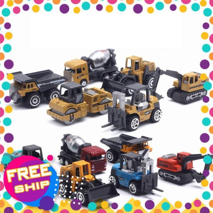 Đồ chơi trẻ em bộ 12 xe công trình mini xe ben xúc lật máy đào xe nâng xe lu xe bồn màu sắc đa dạng an toàn cho bé