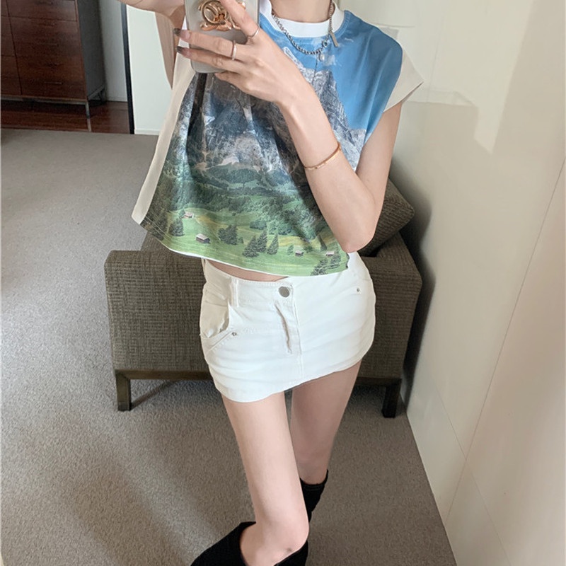 Áo Thun Tay Ngắn Dáng Rộng In Hình Phong Cảnh Thời Trang Cho Nữ