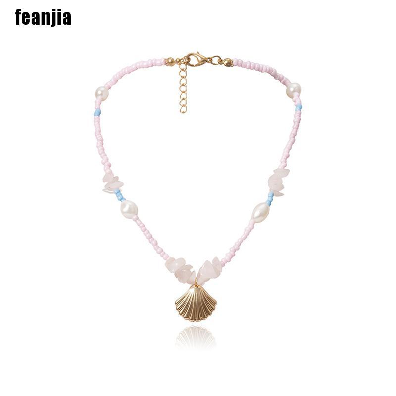 vòng cổ Choker Mặt Vỏ Sò Đính Hạt Ngọc Trai Màu Hồng Phong Cách Boho Cho Nữ