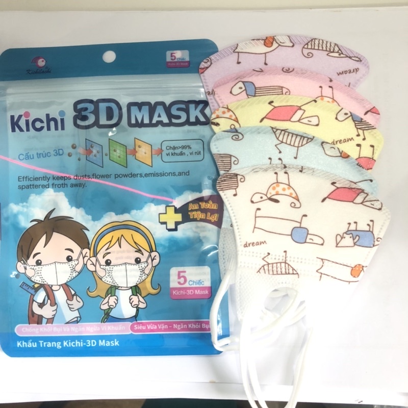 Khẩu trang Kichi 3D mask cho bé gói 5 chiếc ôm sát, dễ thở. Khẩu trang y tế trẻ em