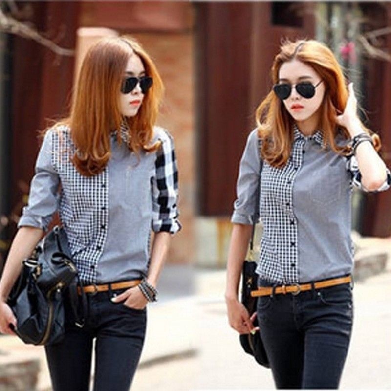 Áo sơ mi phối họa tiết ca rô trẻ trung dành cho nữ