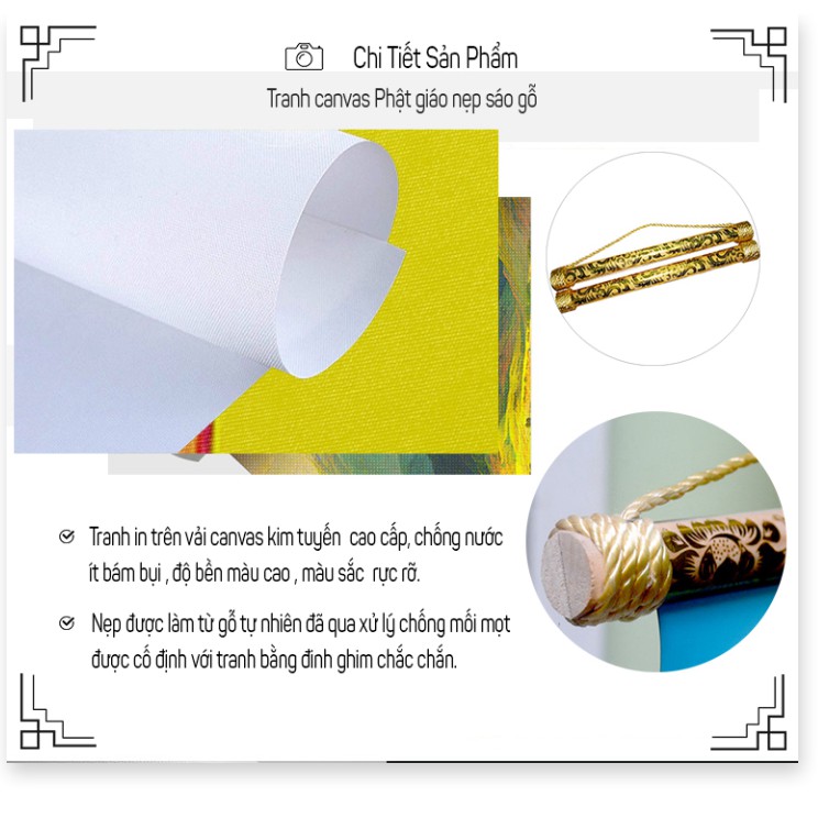 Tranh Liễn Phật Giáo - Tây Phương Tiếp Dẫn – Vải canvas kim tuyến nẹp sáo gỗ tự nhiên nhiều size nhiều mẫu thiết kế