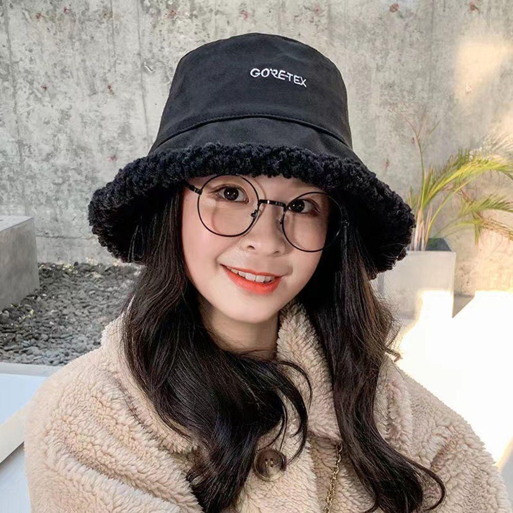 Mũ Bucket Nhung Lông Mềm Mại Hai Mặt In Chữ Phong Cách Hàn Quốc Dành Cho Nữ