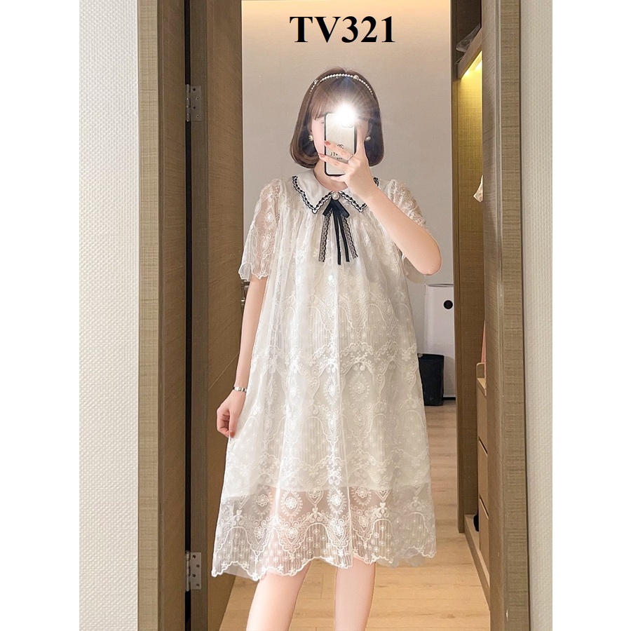 Váy bầu mùa hè ĐẦM BẦU THỎ dáng suông nữ tính chất ren mềm có nơ cổ TV321