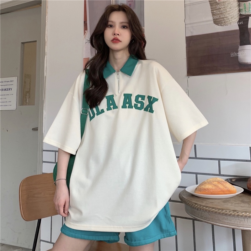 Áo polo Ngắn Tay Dáng Rộng Thêu Chữ Phối Khóa Kéo Kiểu Hàn Quốc Trẻ Trung Cho Nữ