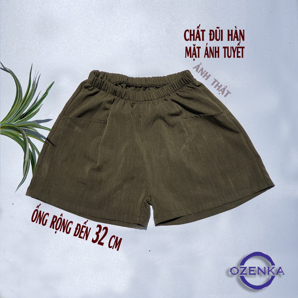 Quần short đũi  nữ ống rộng cạp chun túi thật , quần đùi đũi big size chất đẹp giá rẻ màu đen ghi da OZENKA | BigBuy360 - bigbuy360.vn