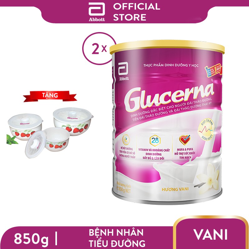 Bộ 02 lon Sữa bột dành cho người bị tiểu đường Glucerna Abbott 850g/lon tặng bộ 3 thố sứ cao cấp