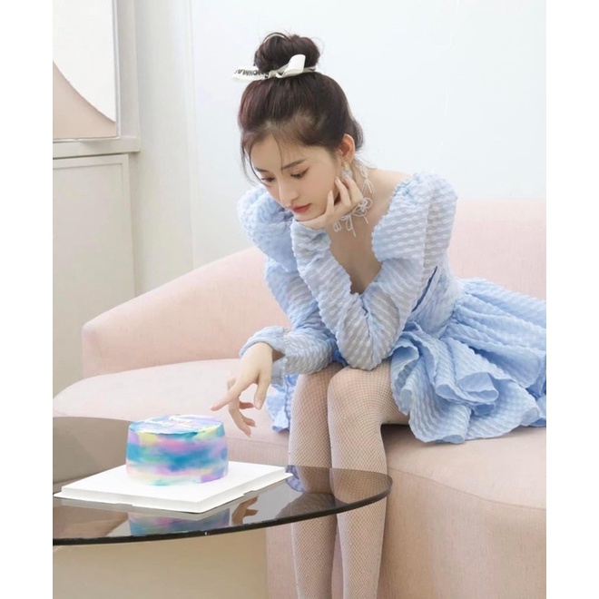Váy voan dài tay đính nơ ngực 2 tầng bồng bềnh tiểu thư