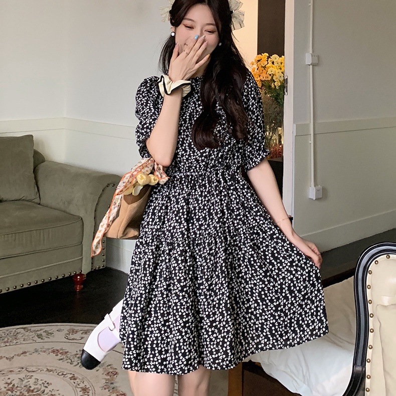 Đầm SUXI chữ A lưng cao họa tiết hoa phong cách vintage cho nữ