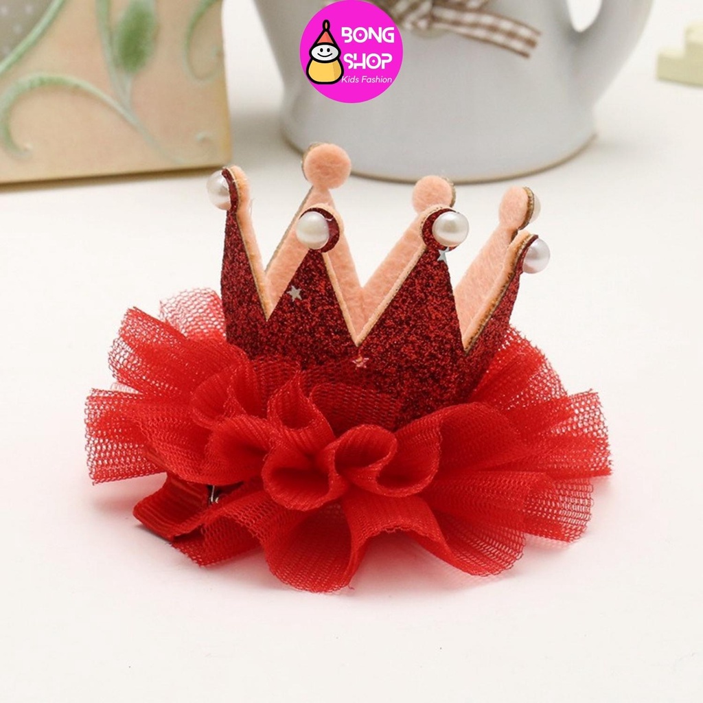 Kẹp tóc bé gái hình vương miện công chúa phủ kim tuyến viền ren, turban, cặp tóc cho bé