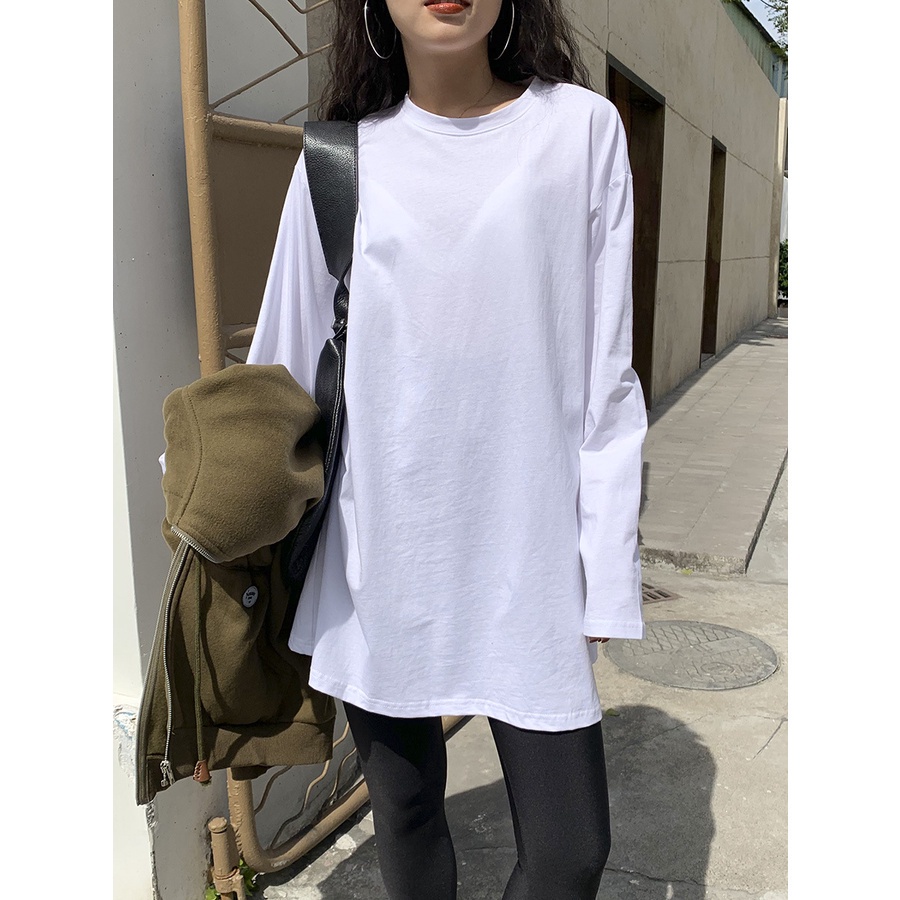 Áo thun tay dài màu trơn dáng rộng phong cách thiết kế Hàn Quốc